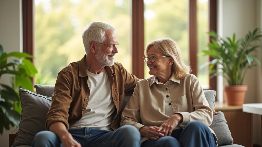 Casal na meia-idade em um espaço arejado, sorrindo, cercado por plantas e luz natural suave
