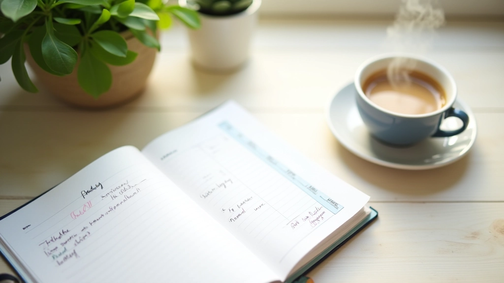 Caderno aberto com planejamento de dia, xícara de café e plantas verdes em mesa clara