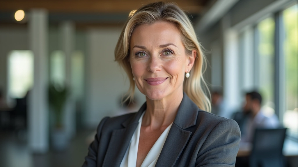 Mulher profissional madura em ambiente moderno durante coaching de reforma de carreira