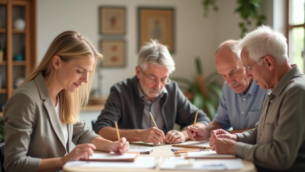 Grupo em aula de arte ou atividade criativa, concentração e diversidade etária
