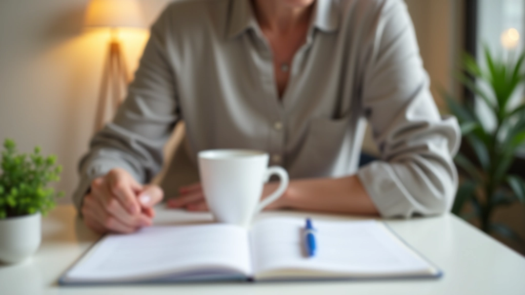 Mãos de pessoa madura, completamente visível em parte superior do corpo, segurando xícara de café branca, caderno aberto com caneta azul ao lado, mesa clara com plantas pequenas, luz morna de lâmpada, calma e reflexiva