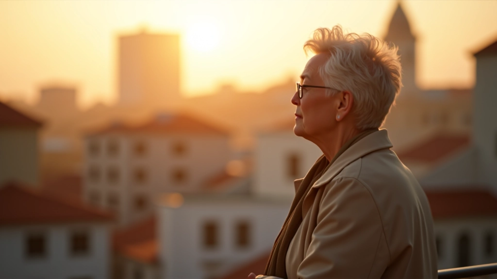 Pessoa refletindo em varanda com vista, expressão contemplativa, luz dourada do pôr do sol, ambiente tranquilo