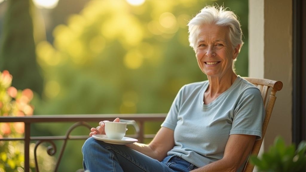 Pessoa madura tomando café da manhã tranquila em varanda ensolarada, vista para jardim