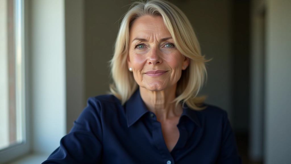 Mulher de meia-idade, completamente vestida em blusa azul marinho, retrato do peito para cima, sorriso pensativo, janela com luz natural ao fundo, sem texto