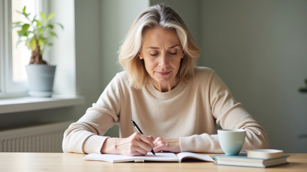 Mulher de meia-idade, completamente vestida em suéter bege, escrevendo em caderno com caneta, mesa de madeira clara, café e livros ao lado, luz natural pela janela, concentrada