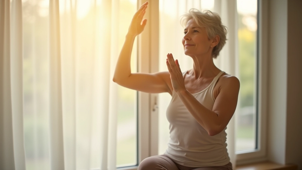 Pessoa madura em posição de ioga matinal próximo à janela com luz natural abundante